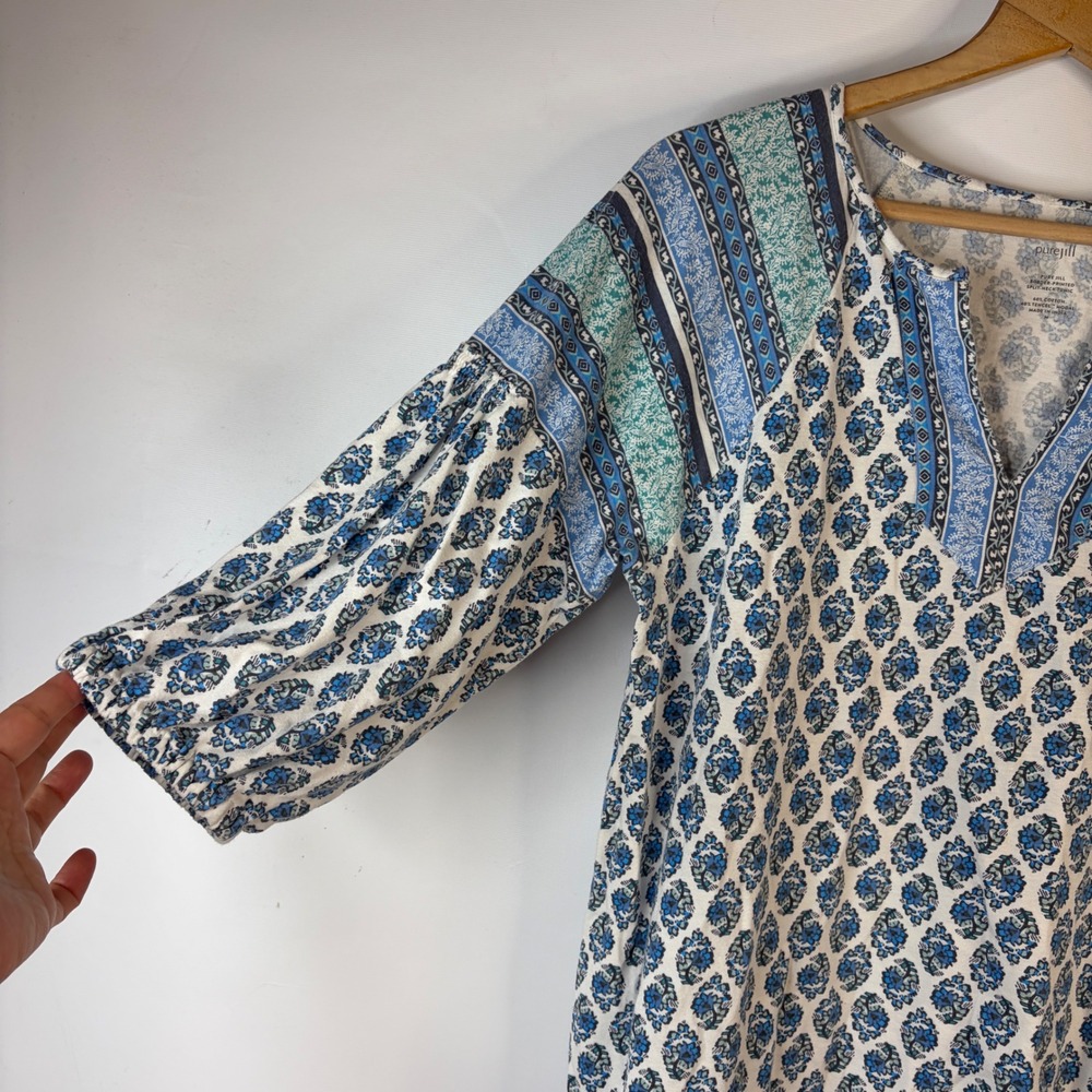 Pure Jill Tunic Top Womens M Blue Border Print Split Neck Cotton Modal 3/4 Slv - Picture 3 of 8